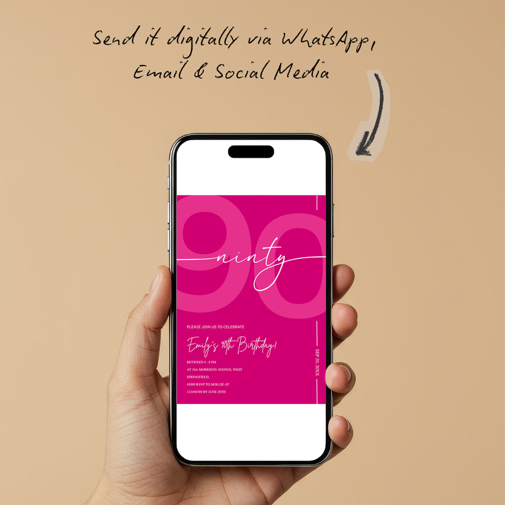 Modern Pink 90th Birthday Invitation | Minimalist Editable Canva Template