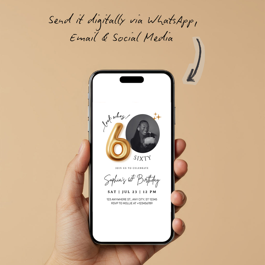 Modern Minimalist 60th Birthday Gold Balloon Photo Invitation Template | Elegant Milestone Party Invite | Editable & Instant Download