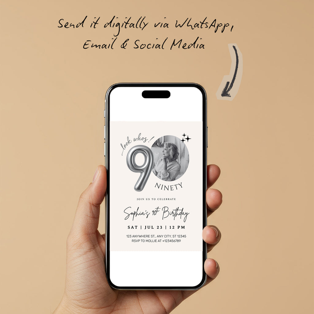 Editable 90th Birthday Photo Invitation Canva Template Silver Balloon Minimalist Party Invite Instant Download