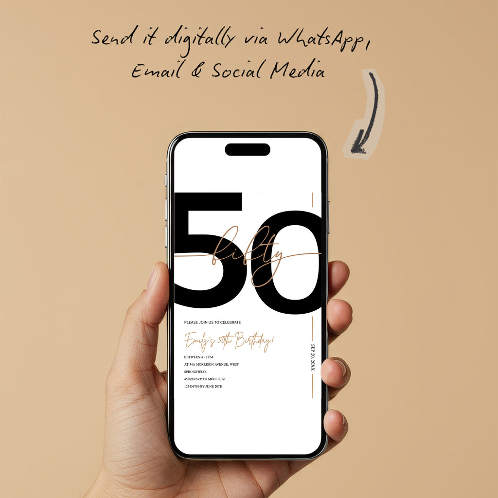Modern Minimalist White & Gold 50th Birthday Party Invitation – Editable Canva Template