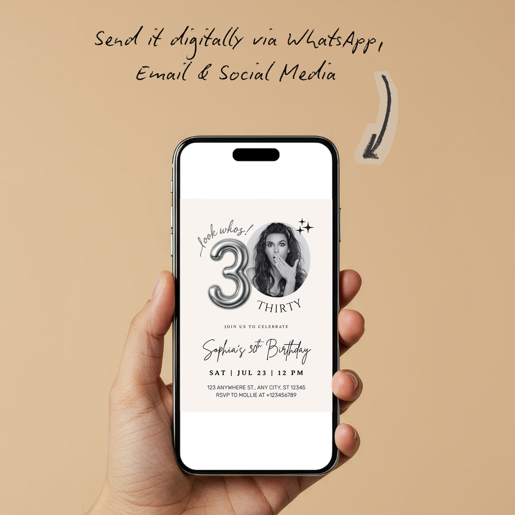 Editable 30th Birthday Photo Invitation Canva Template Silver Balloon Minimalist Party Invite Instant Download