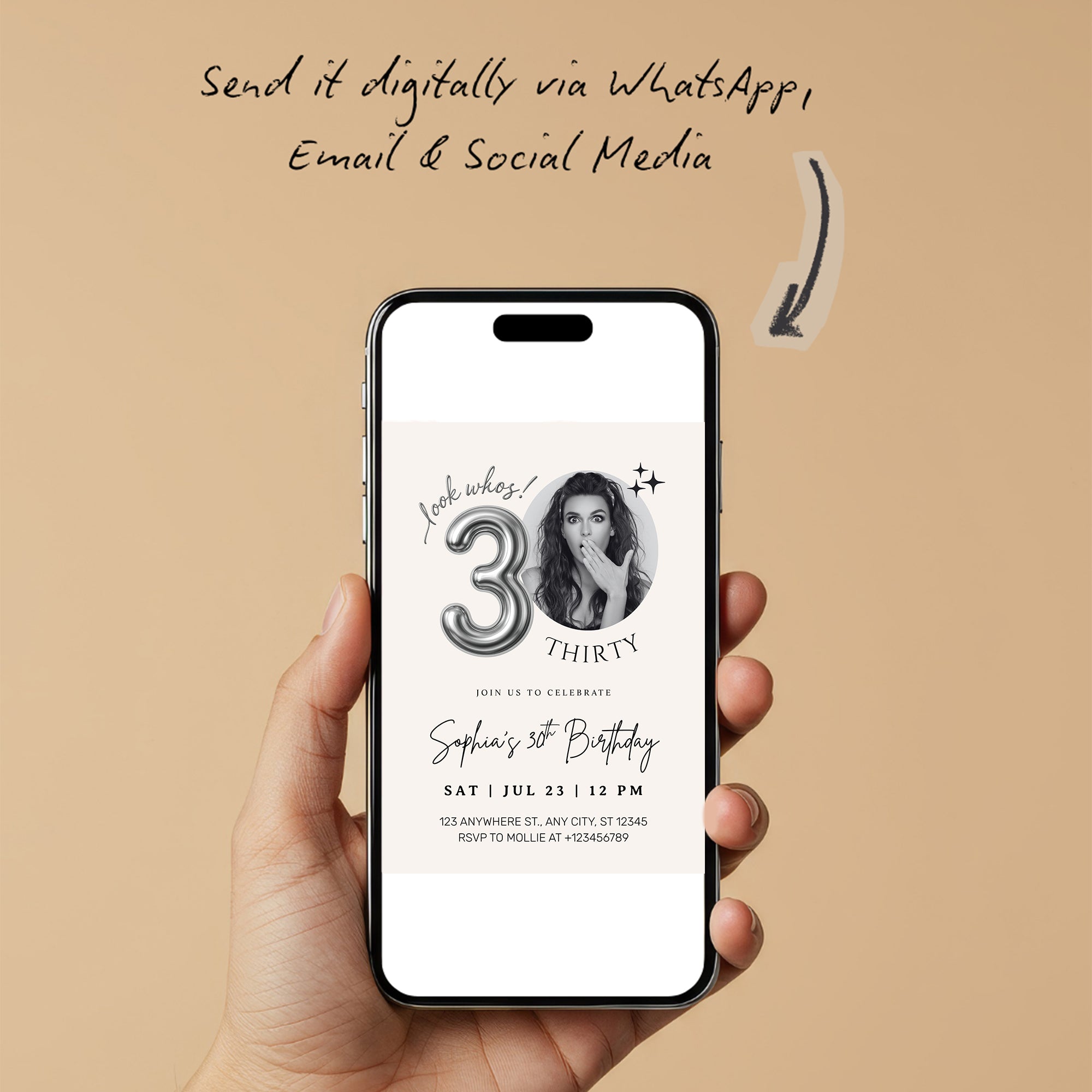 Editable 30th Birthday Photo Invitation Canva Template Silver Balloon Minimalist Party Invite Instant Download