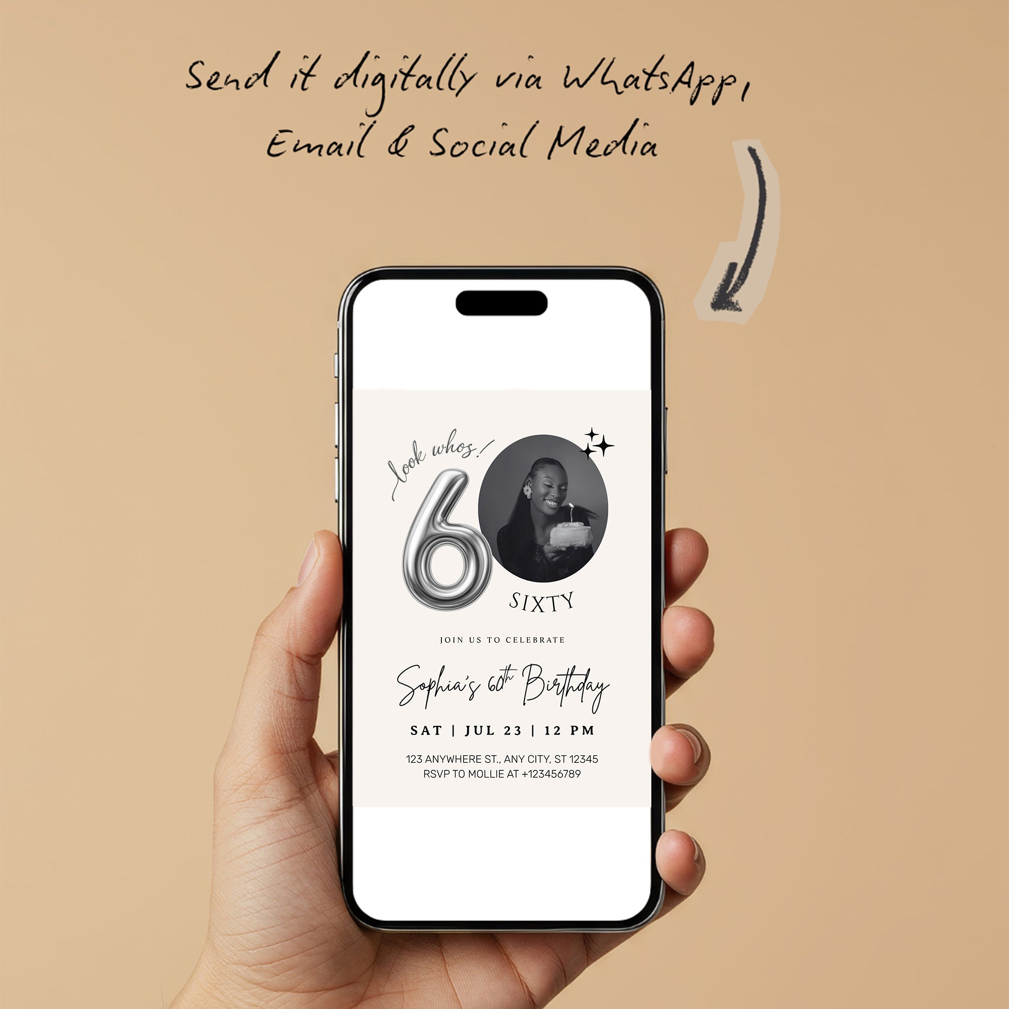 Editable 60th Birthday Photo Invitation Canva Template Silver Balloon Minimalist Party Invite Instant Download