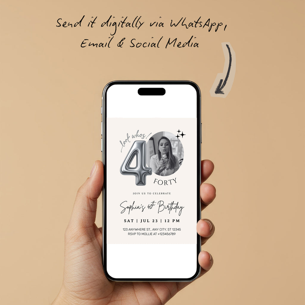 Editable 40th Birthday Photo Invitation Canva Template Silver Balloon Minimalist Party Invite Instant Download