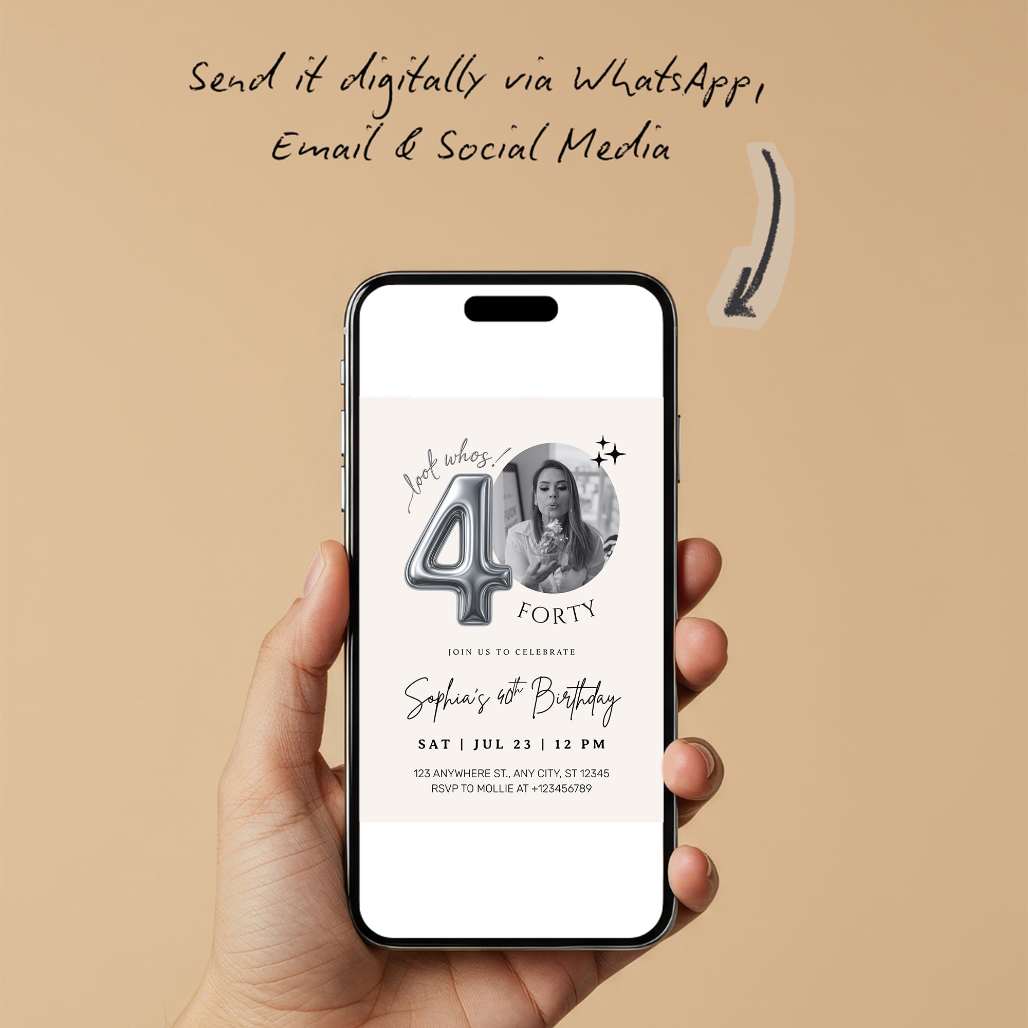 Editable 40th Birthday Photo Invitation Canva Template Silver Balloon Minimalist Party Invite Instant Download