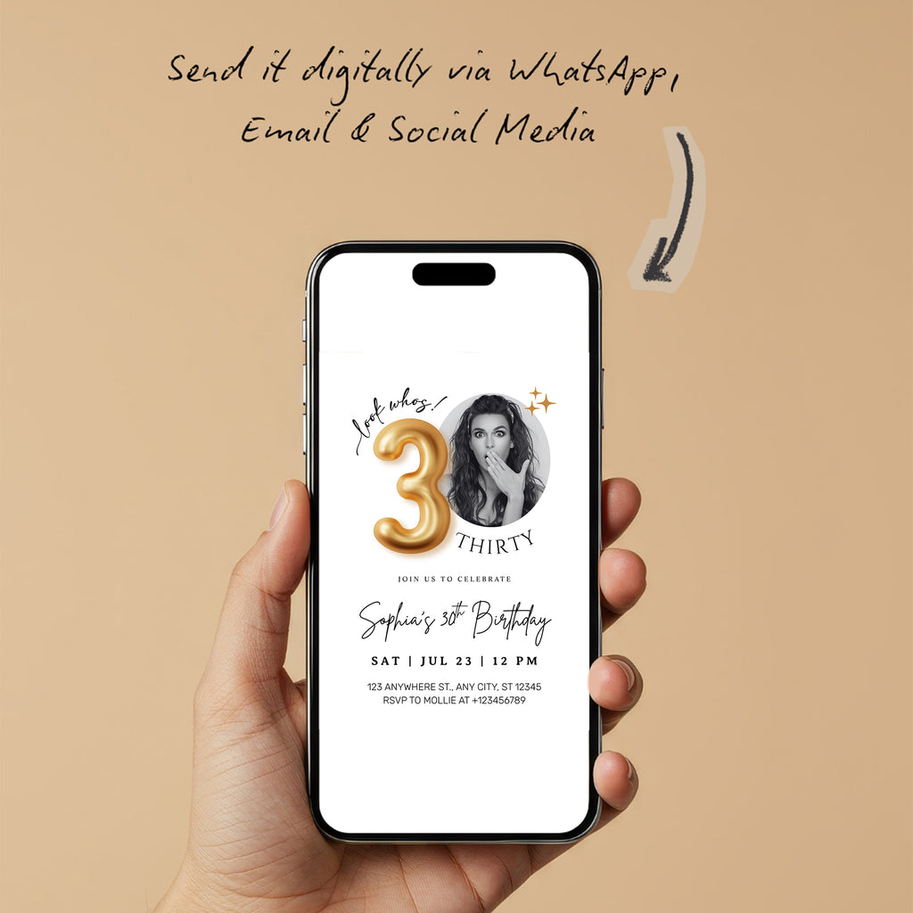 Modern Minimalist 30th Birthday Gold Balloon Photo Invitation Template | Elegant Milestone Party Invite | Editable & Instant Download