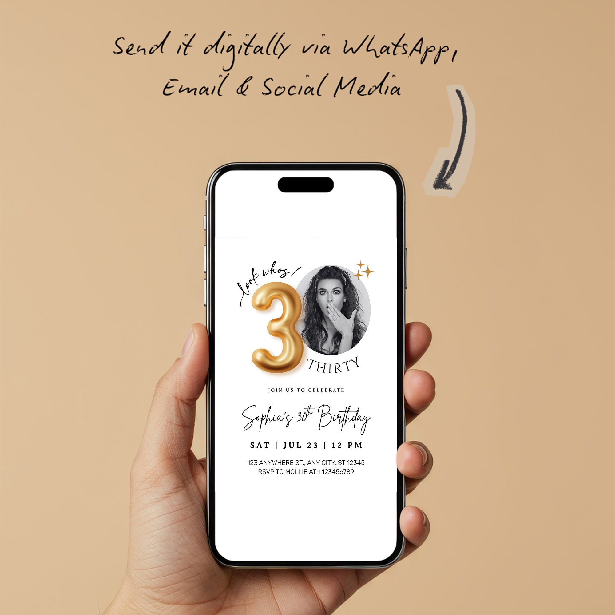 Modern Minimalist 30th Birthday Gold Balloon Photo Invitation Template | Elegant Milestone Party Invite | Editable & Instant Download