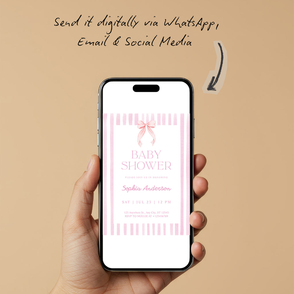 Editable Pink Striped Bow Baby Shower Invitation Template | Coquette Baby Shower Invite | Edit in Canva – Instant Download