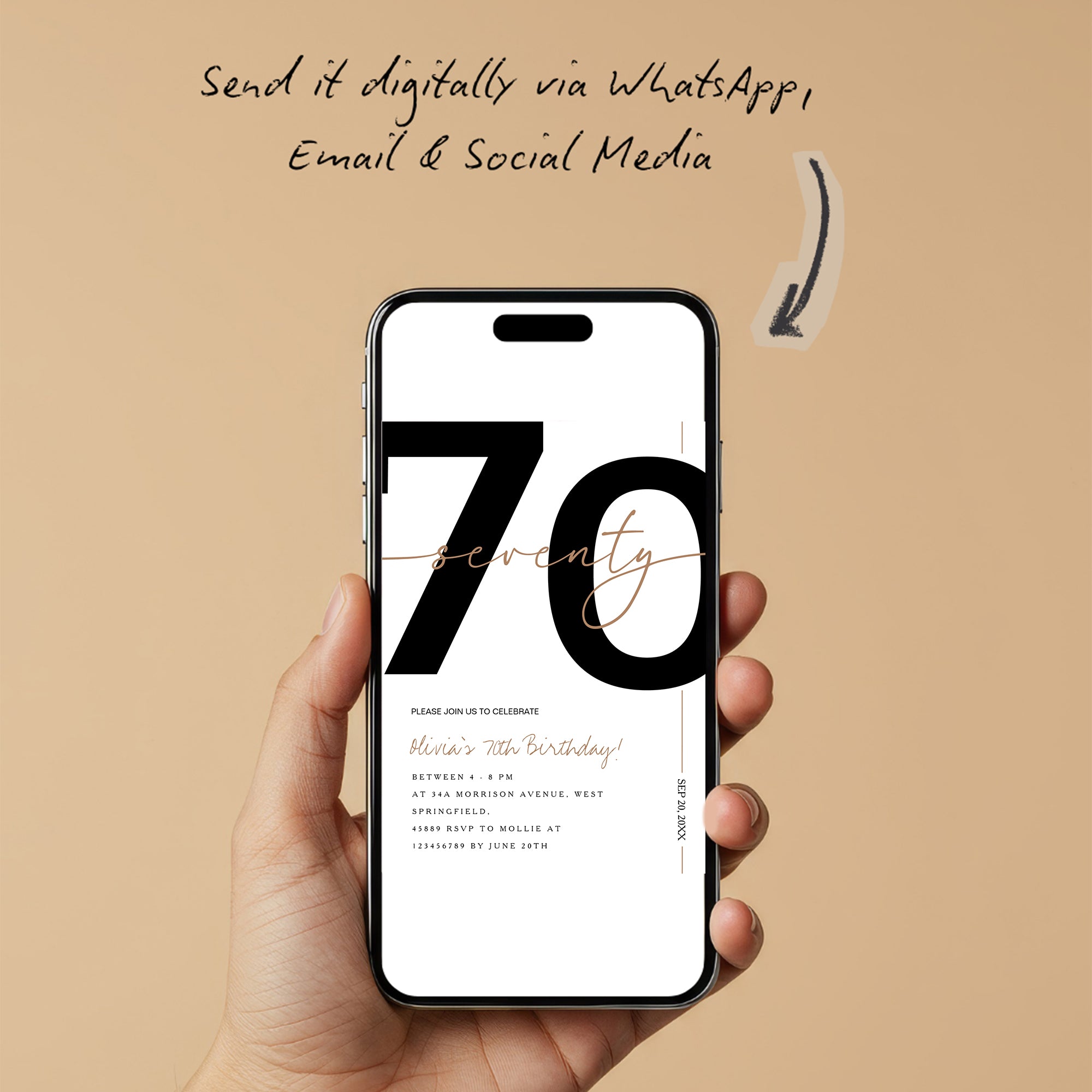 Modern Minimalist White & Gold 70th Birthday Party Invitation – Editable Canva Template