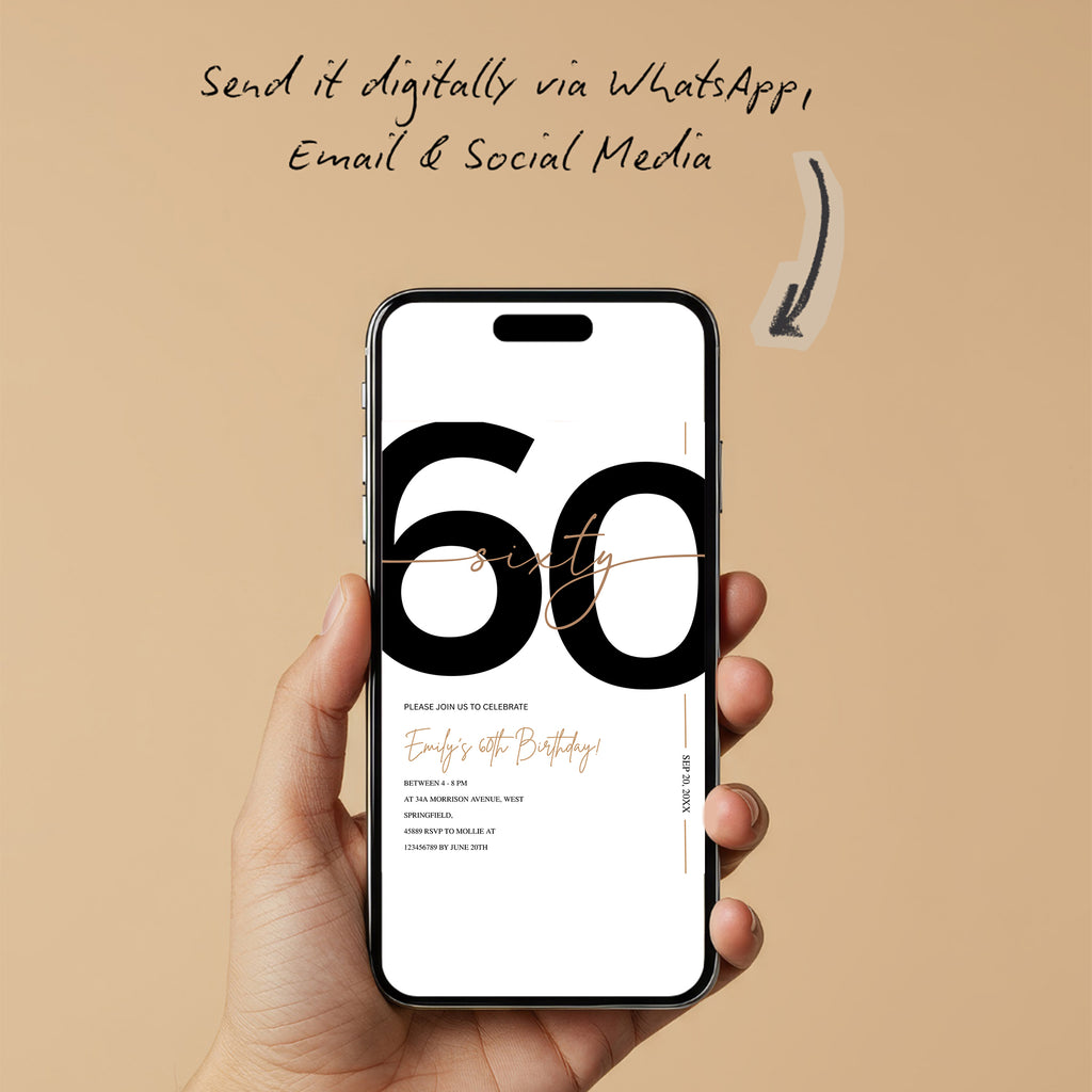 Modern Minimalist White & Gold 60th Birthday Party Invitation – Editable Canva Template