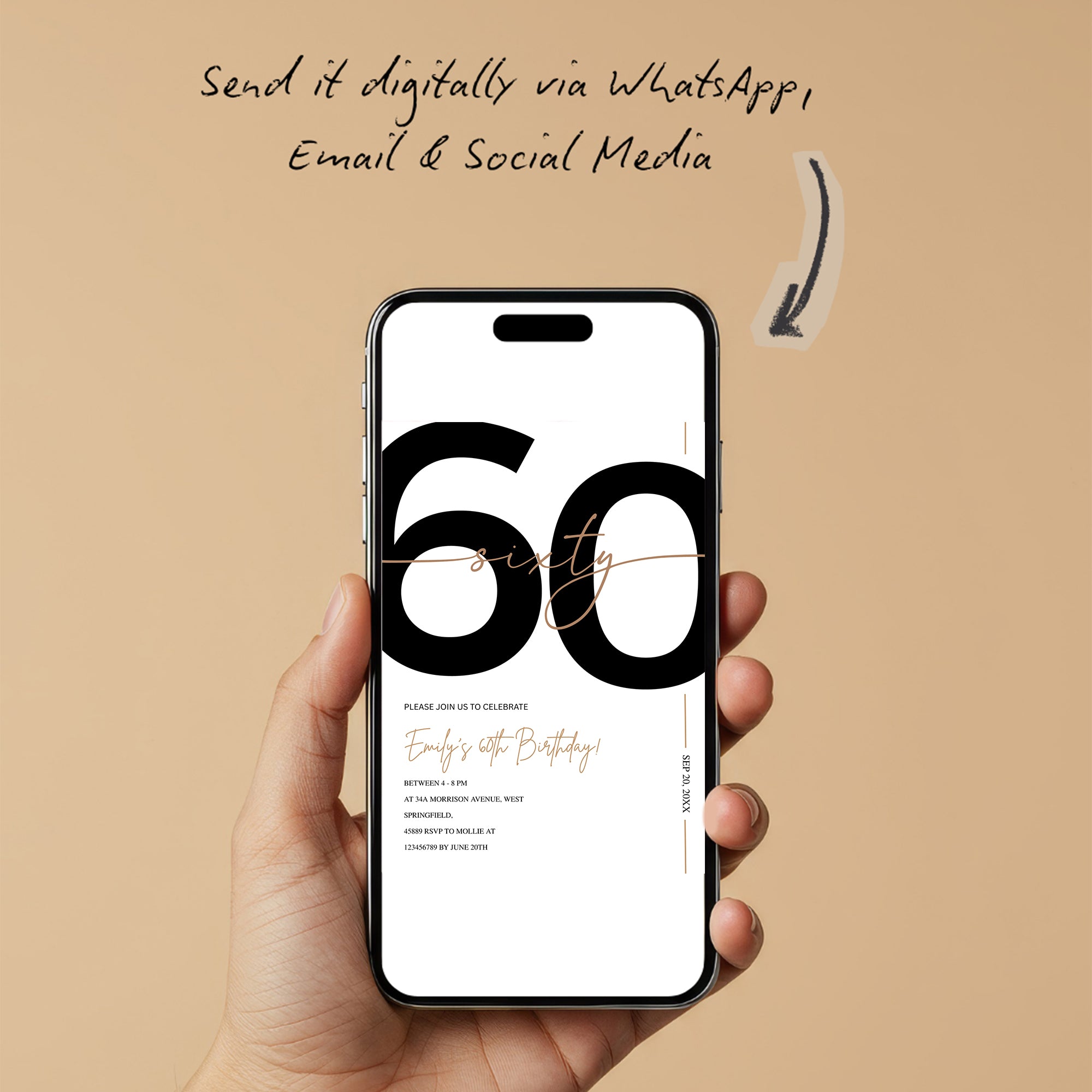 Modern Minimalist White & Gold 60th Birthday Party Invitation – Editable Canva Template