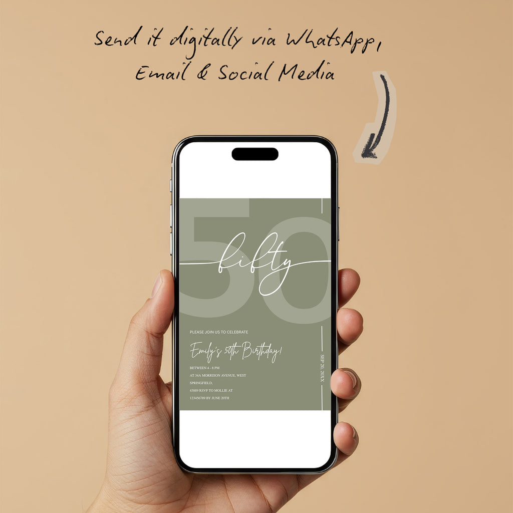 Elegant Sage Green 50th Birthday Invitation Template | Minimalist Fifty Milestone Party Invite | Editable & Instant Download