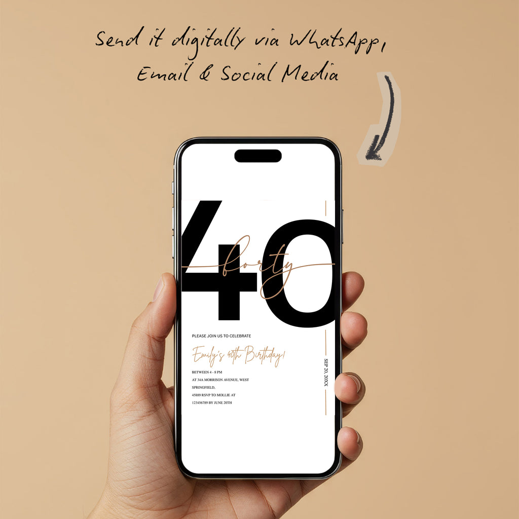 Modern Minimalist White & Gold 40th Birthday Party Invitation – Editable Canva Template