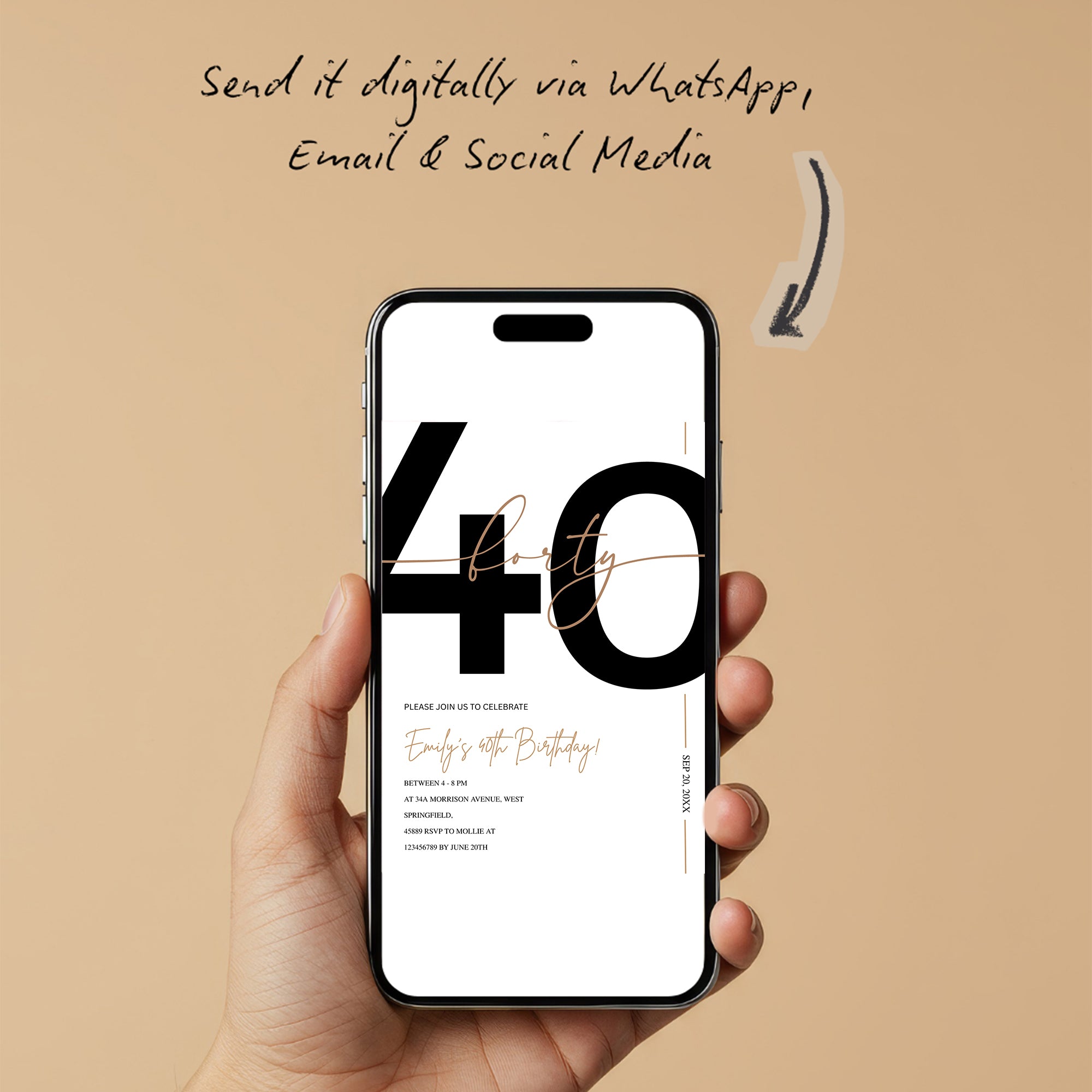 Modern Minimalist White & Gold 40th Birthday Party Invitation – Editable Canva Template