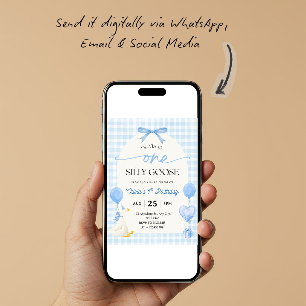 Editable One Silly Goose 1st Birthday Invitation | Blue Bow Gingham Canva Template – Instant Download