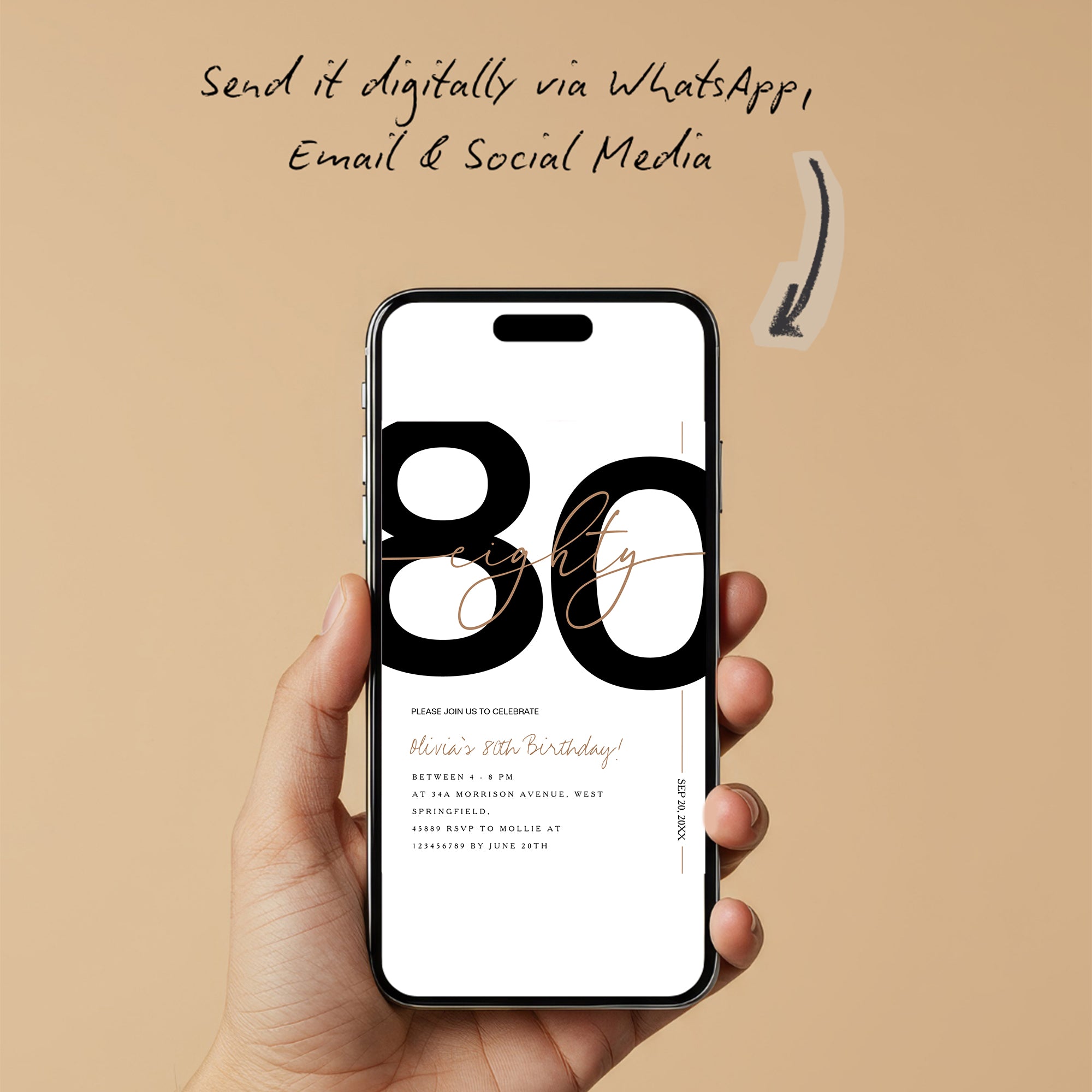 Modern Minimalist White & Gold 80th Birthday Party Invitation – Editable Canva Template