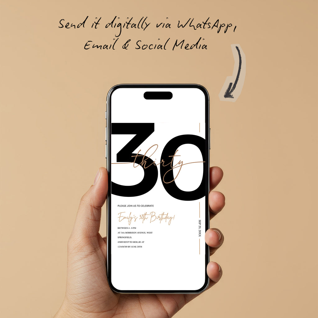 Modern Minimalist White & Gold 30th Birthday Party Invitation – Editable Canva Template
