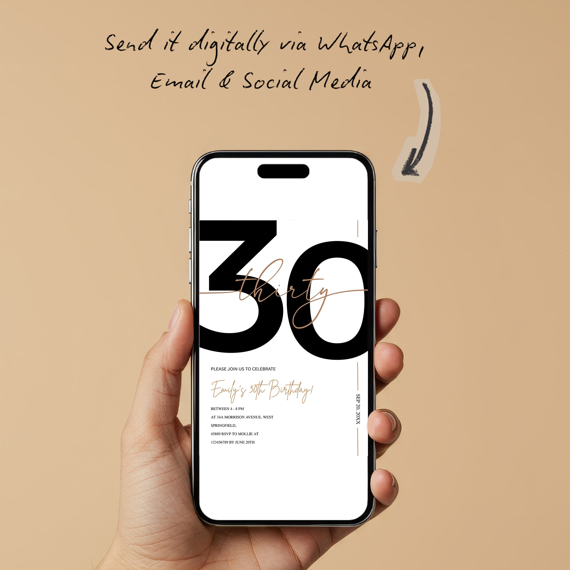 Modern Minimalist White & Gold 30th Birthday Party Invitation – Editable Canva Template