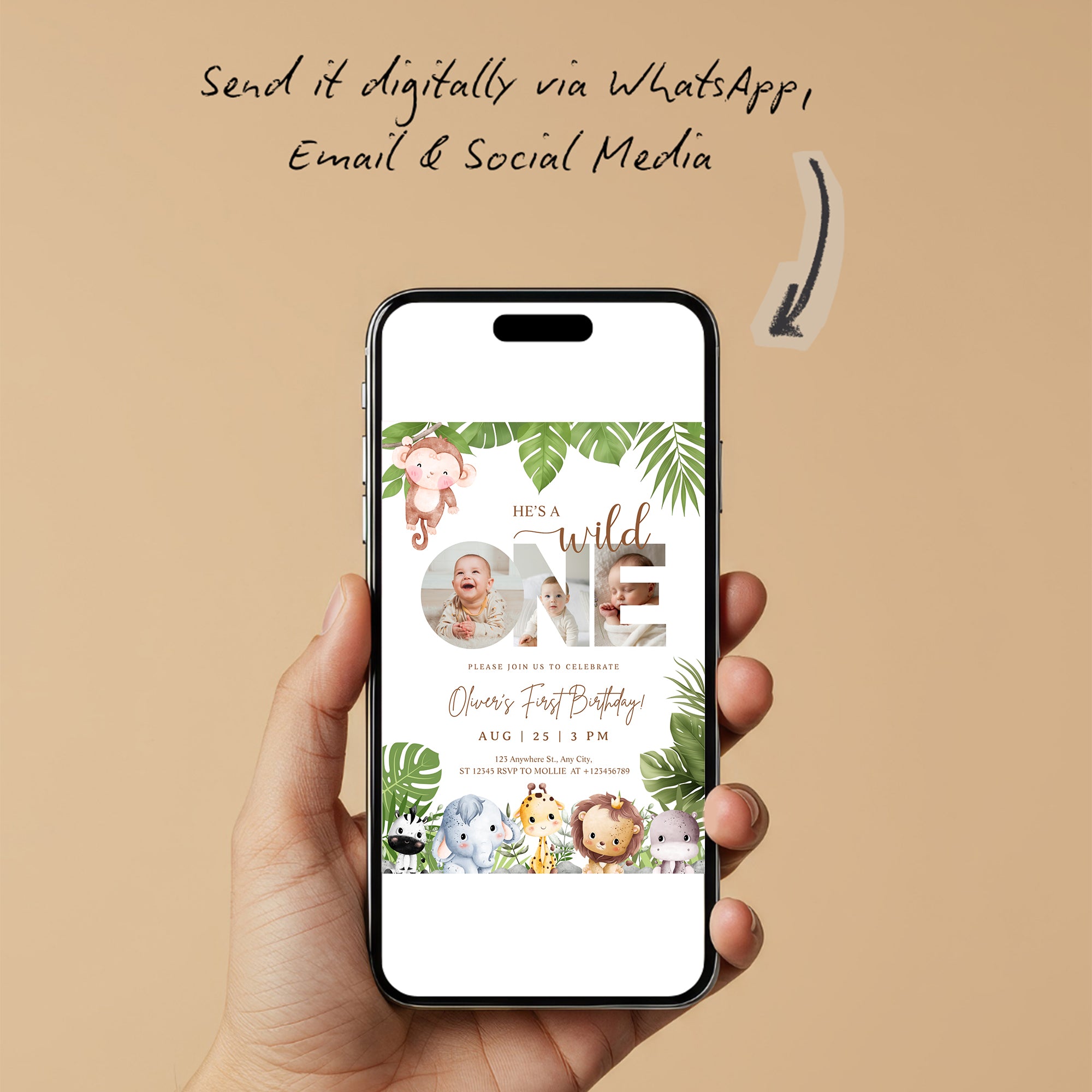 Editable Wild One Jungle 1st Birthday Photo Invitation | Safari Baby Canva Template – Instant Download