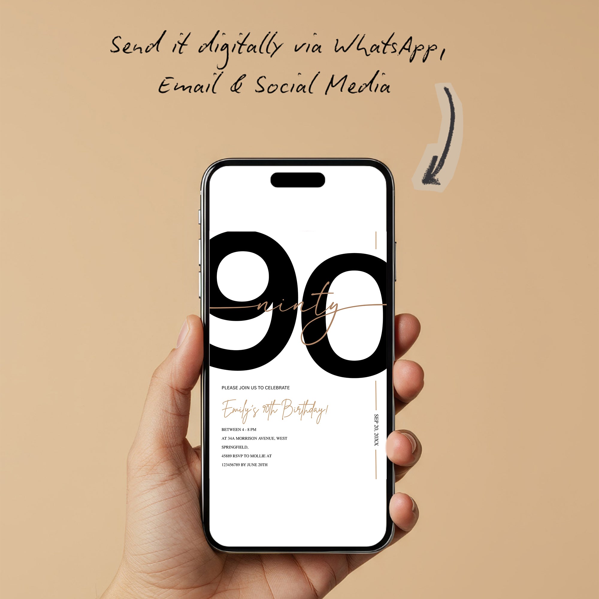 Modern Minimalist White & Gold 90th Birthday Party Invitation – Editable Canva Template