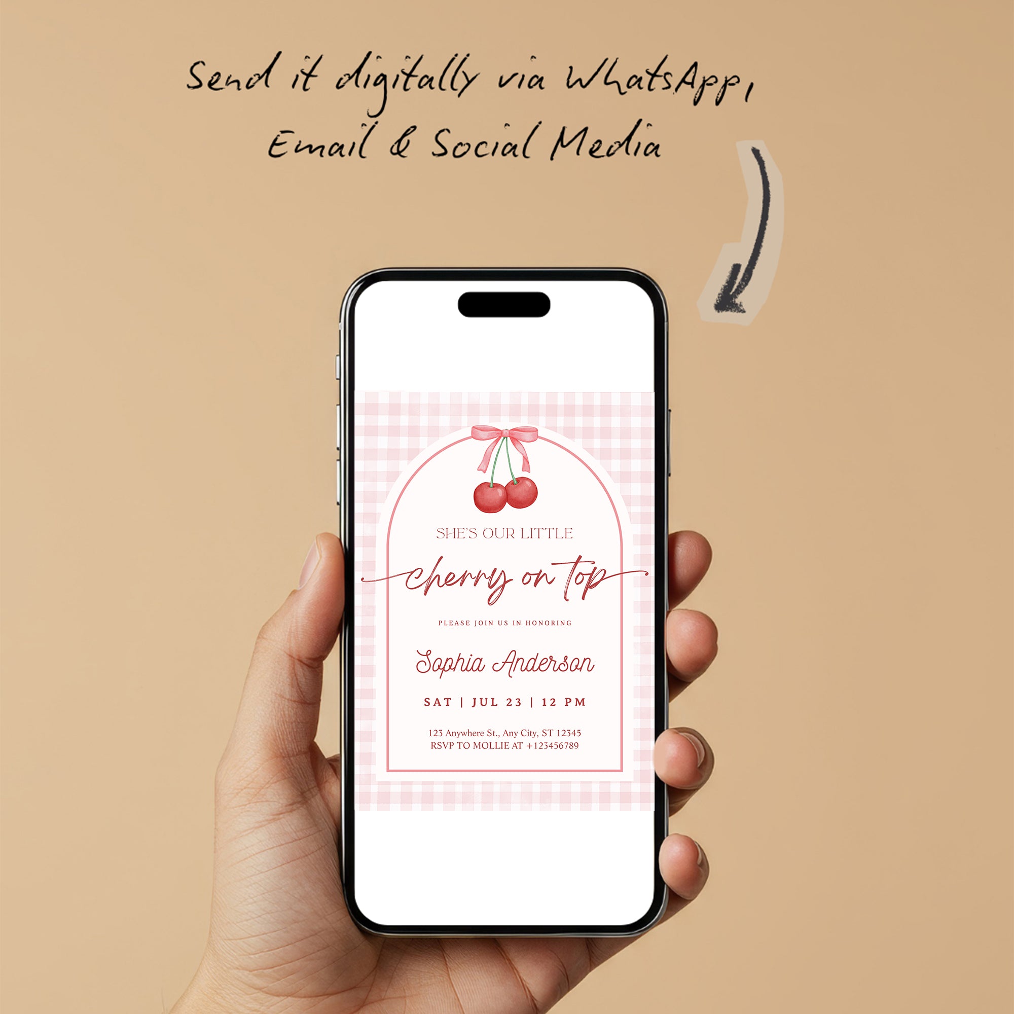 Editable She is the Cherry on Top Baby Shower Invitation | Gingham Cherry Canva Template – Instant Download