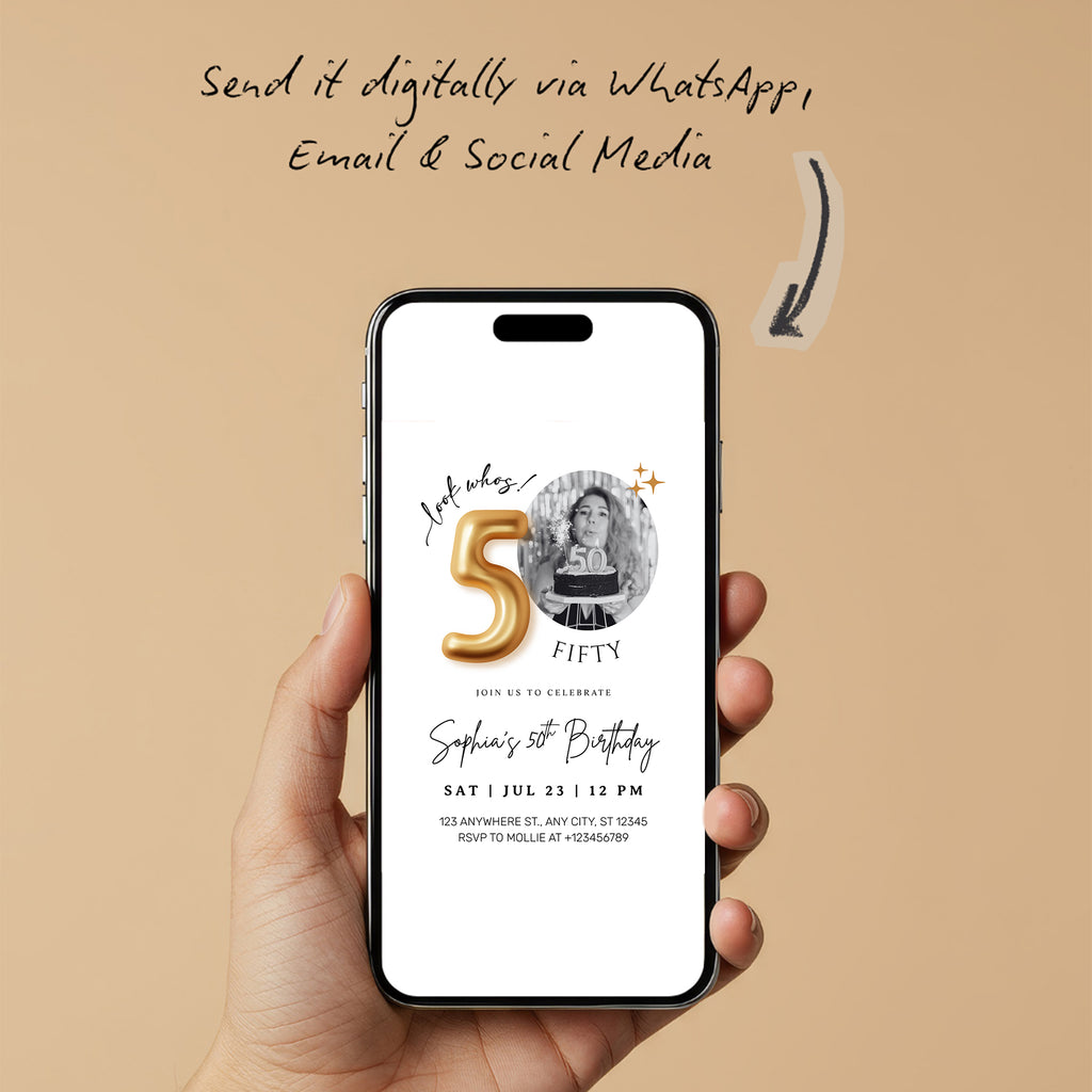 Modern Minimalist 50th Birthday Gold Balloon Photo Invitation Template | Elegant Milestone Party Invite | Editable & Instant Download