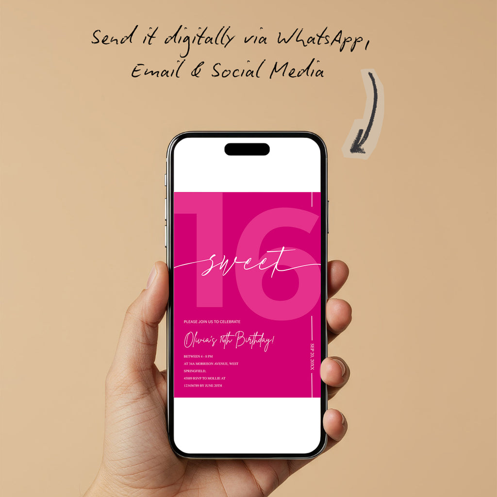 Modern Pink Sweet 16th Birthday Invitation – Editable Canva Template