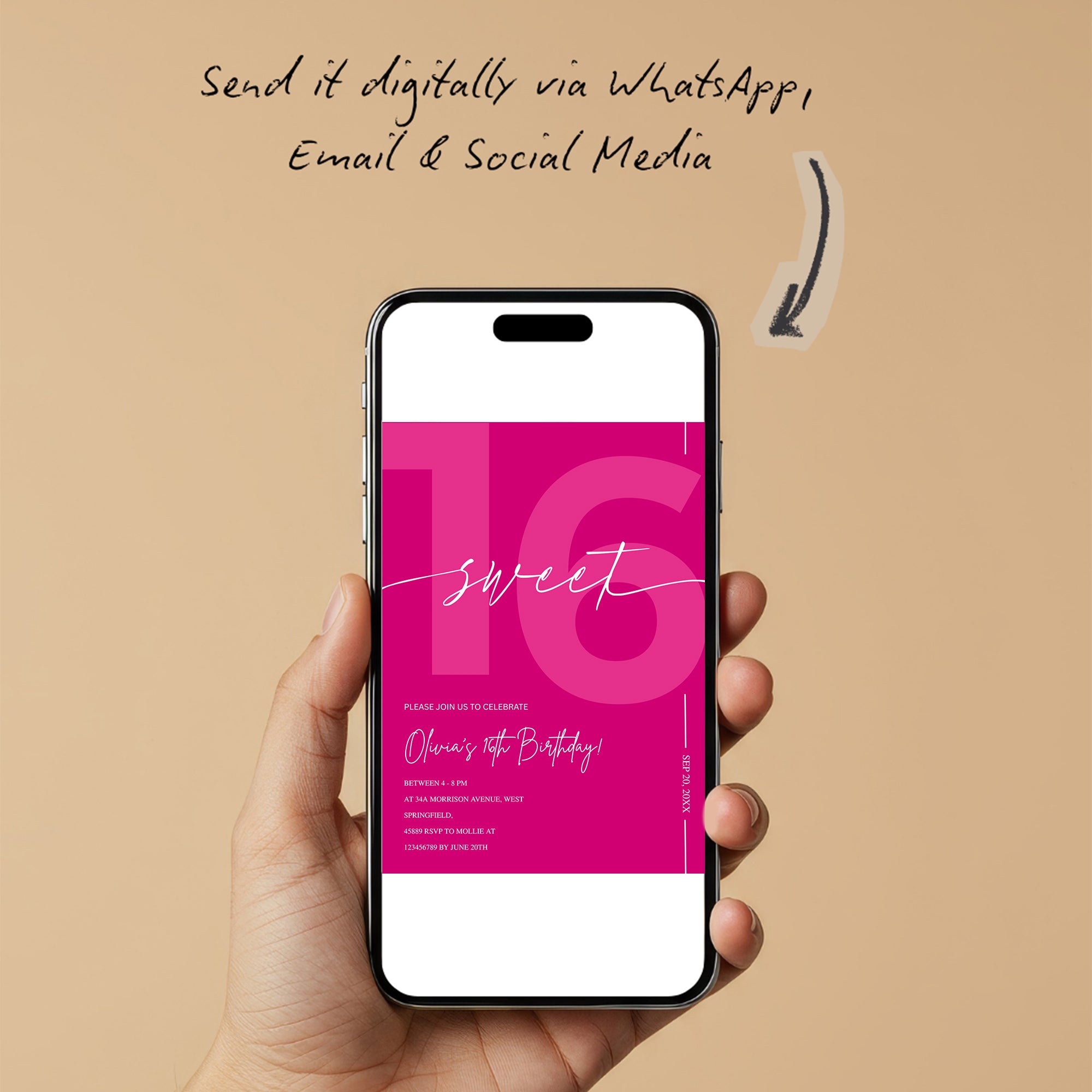 Modern Pink Sweet 16th Birthday Invitation – Editable Canva Template