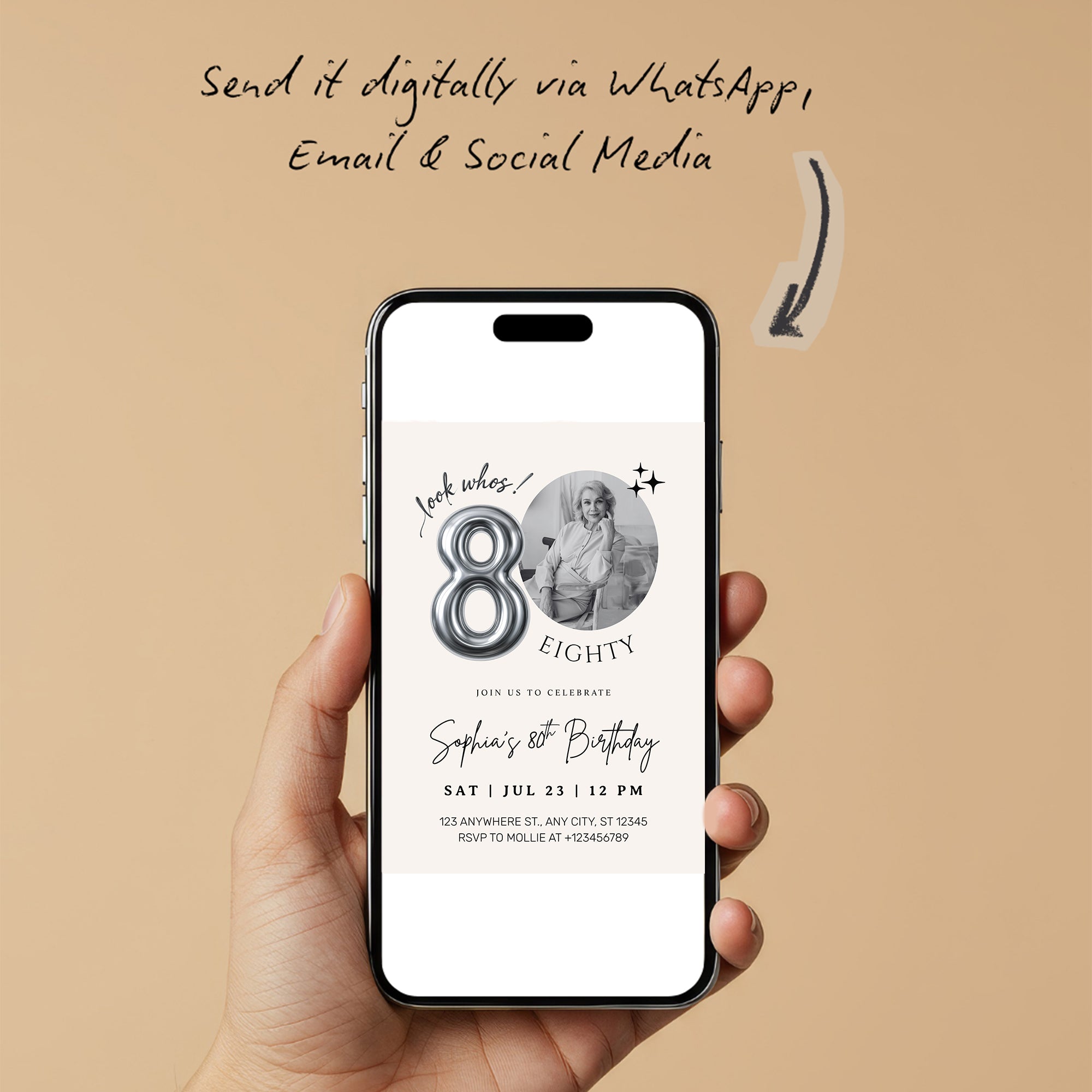 Editable 80th Birthday Photo Invitation Canva Template Silver Balloon Minimalist Party Invite Instant Download