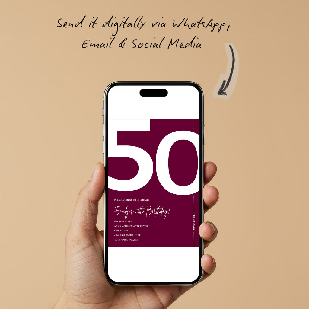 Elegant Burgundy 50th Birthday Invitation Template | Chic Fifty Milestone Party Invite | Editable & Instant Download