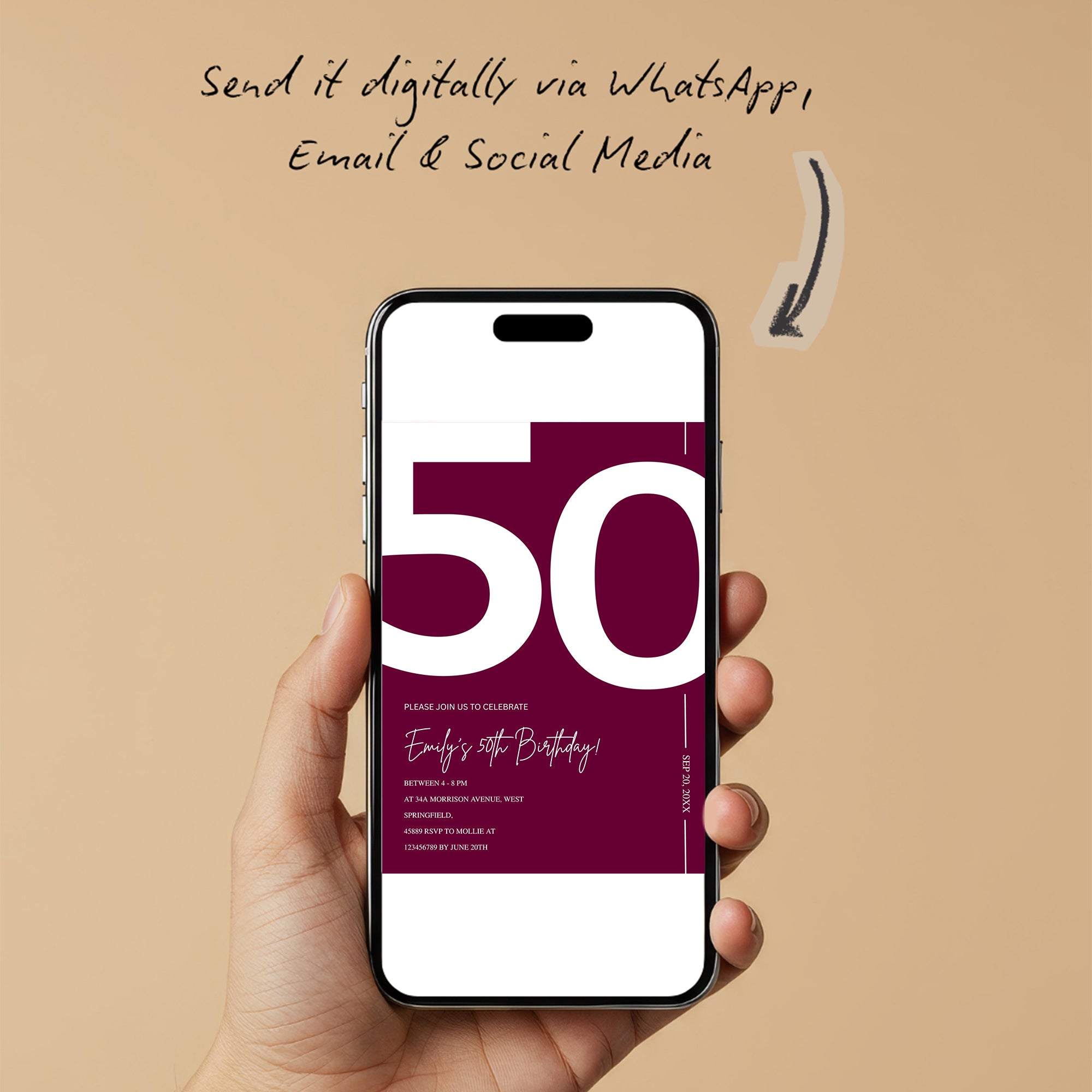 Elegant Burgundy 50th Birthday Invitation Template | Chic Fifty Milestone Party Invite | Editable & Instant Download