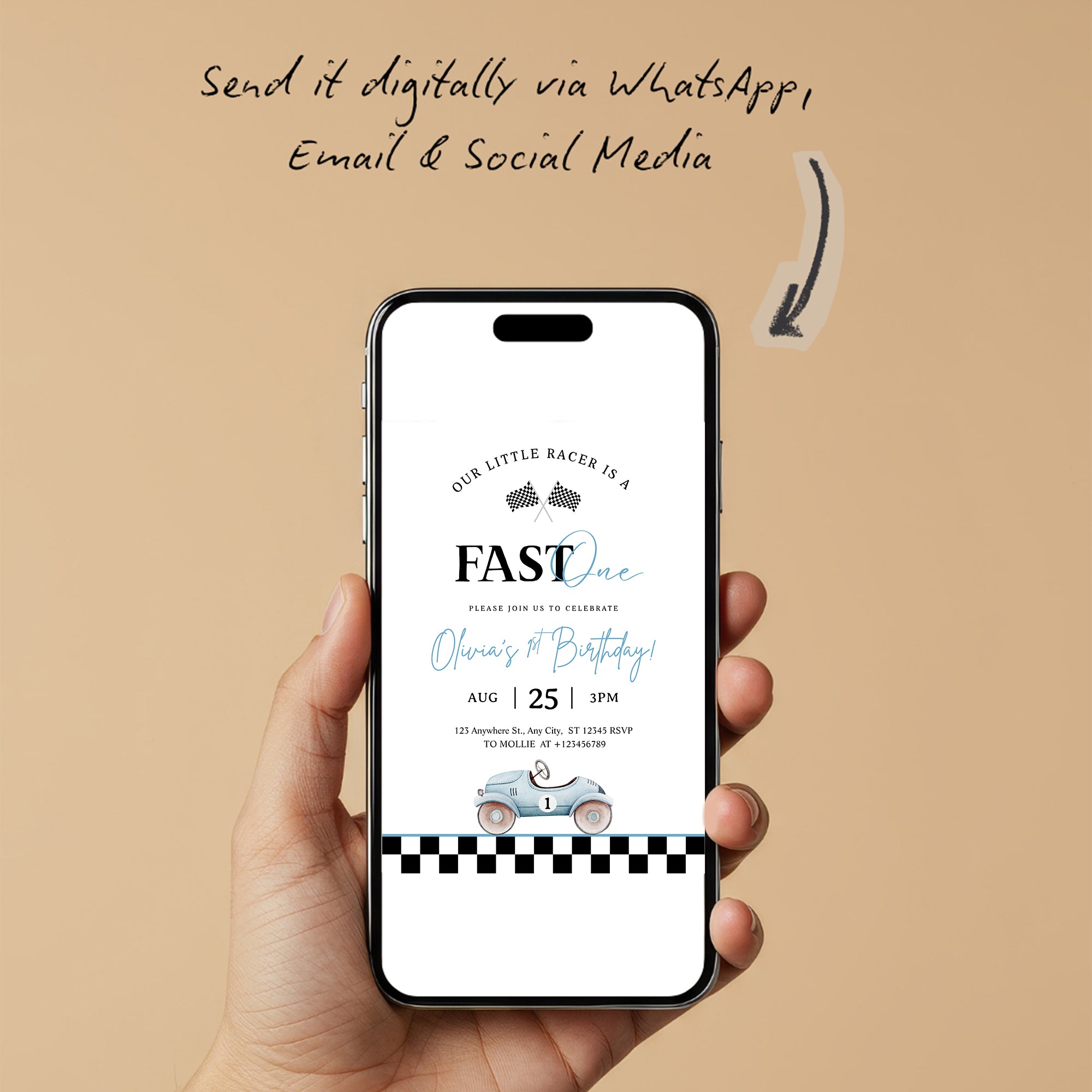 Editable “Fast ONE” Race Car 1st Birthday Invitation | Blue Vintage Car Canva Template – Instant Download