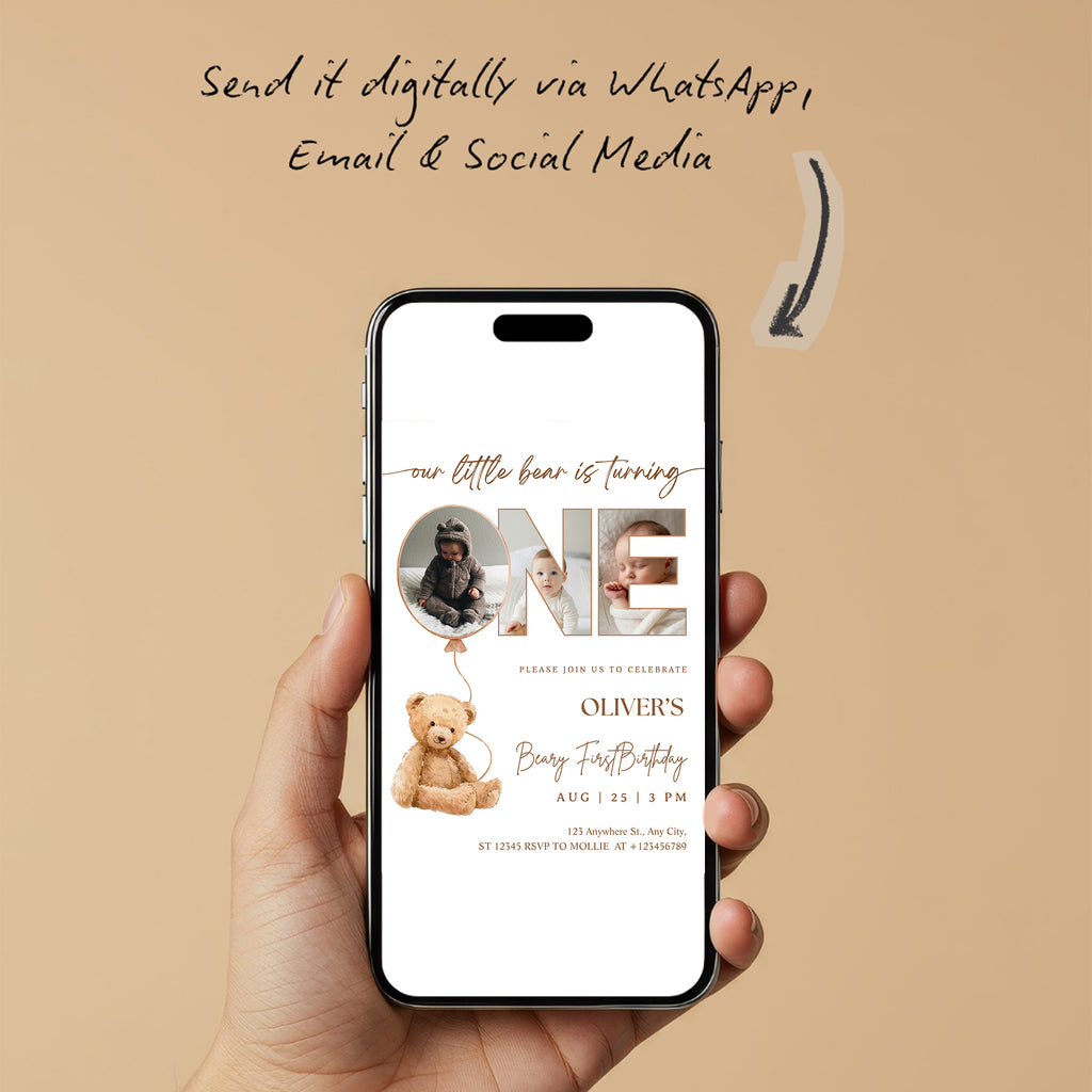 Editable Beary First Birthday Photo Invitation | Teddy Bear 1st Birthday Canva Template – Instant Download
