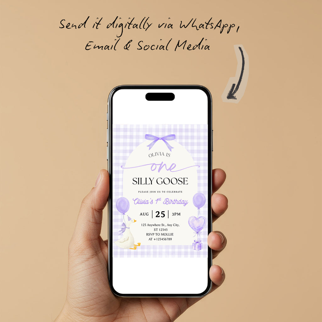 Editable One Silly Goose 1st Birthday Invitation | Purple Bow Gingham Canva Template – Instant Download