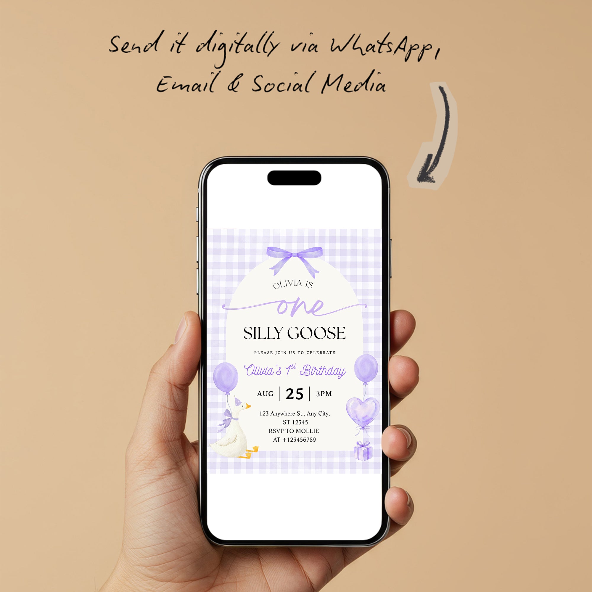 Editable One Silly Goose 1st Birthday Invitation | Purple Bow Gingham Canva Template – Instant Download