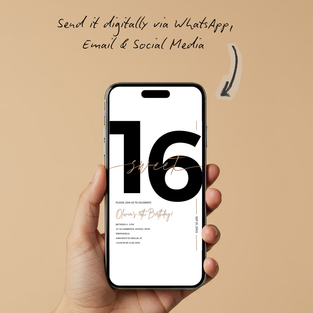 Modern White & Gold Sweet 16th Birthday Invitation – Editable Canva Template