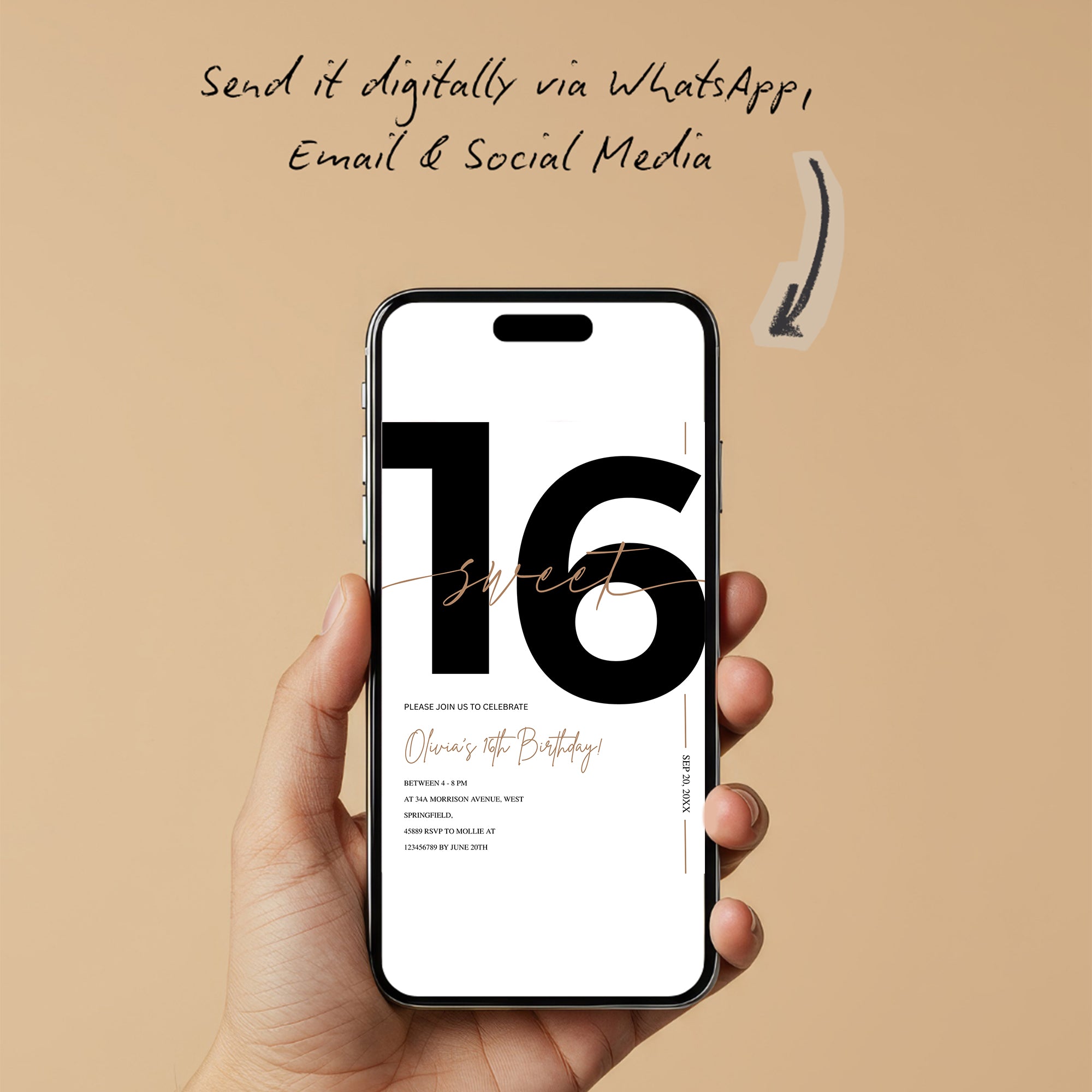 Modern White & Gold Sweet 16th Birthday Invitation – Editable Canva Template