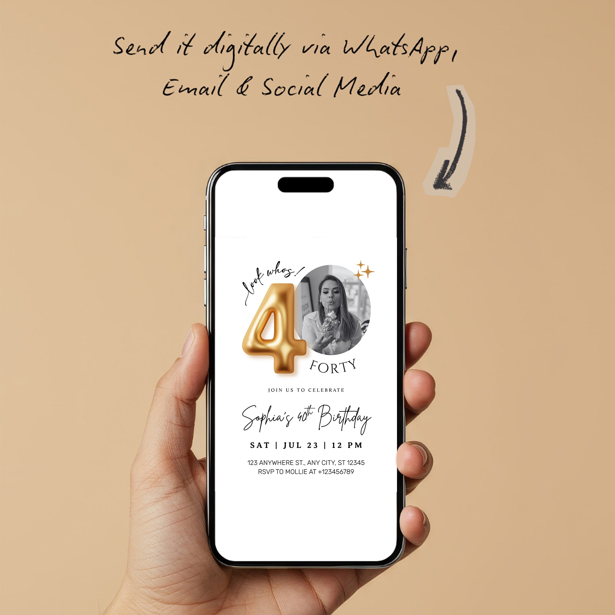 Modern Minimalist 40th Birthday Gold Balloon Photo Invitation Template | Elegant Milestone Party Invite | Editable & Instant Download