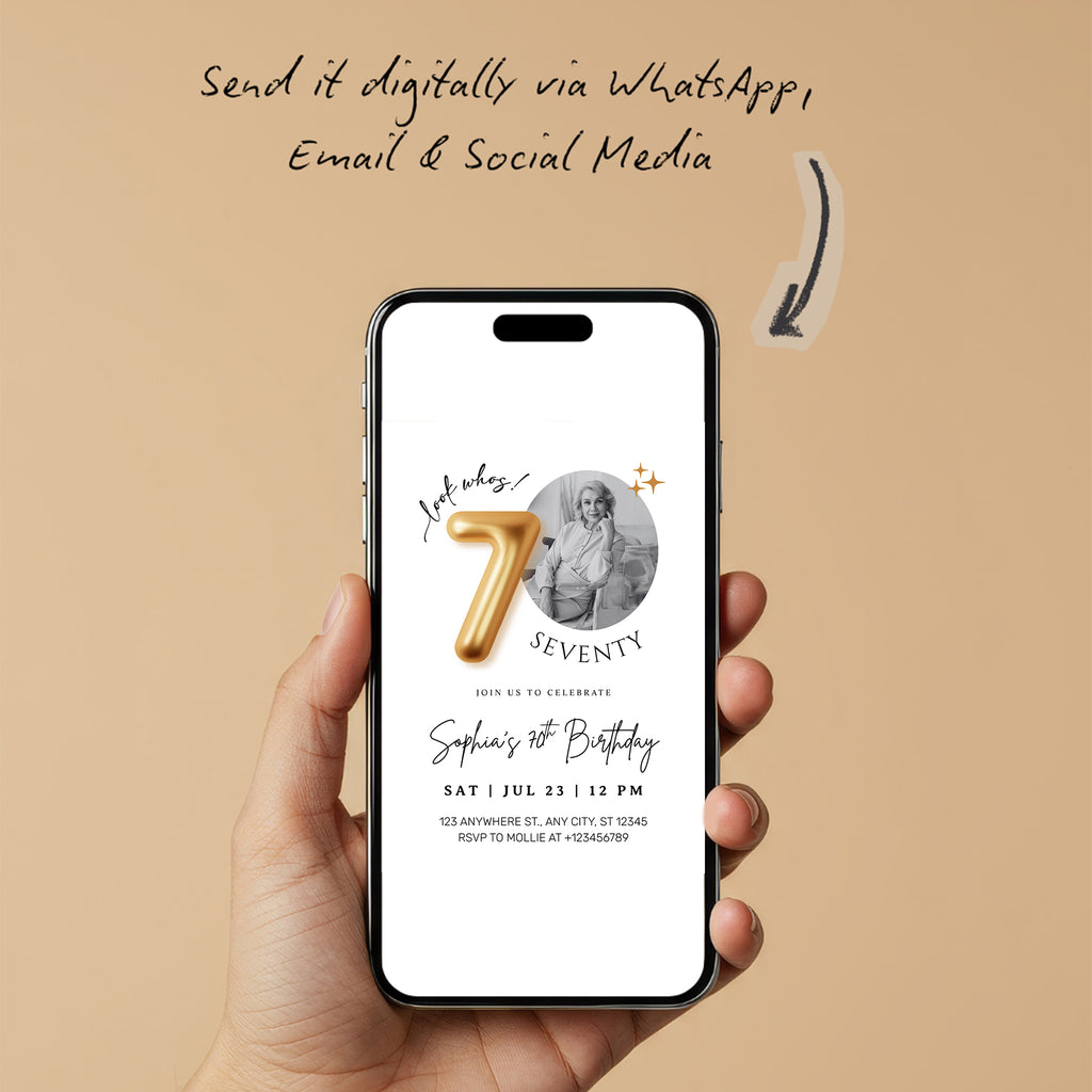 Modern Minimalist 70th Birthday Gold Balloon Photo Invitation Template | Elegant Milestone Party Invite | Editable & Instant Download