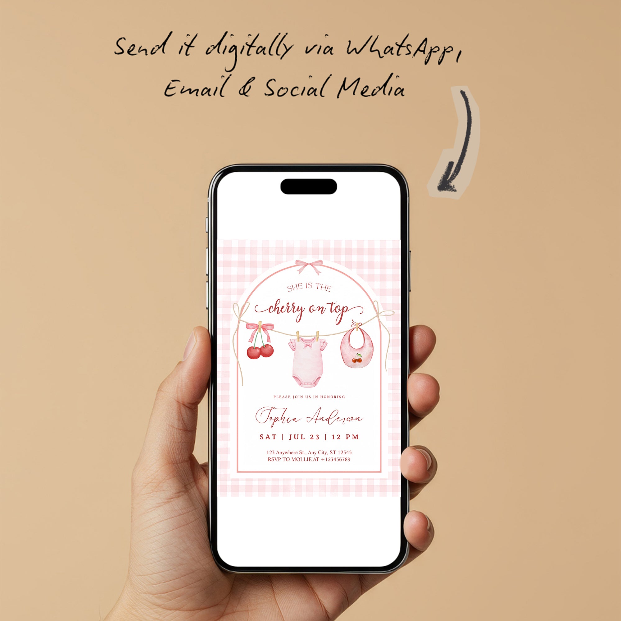She's the Cherry on Top Baby Shower Invitation | Cherry Theme Baby Girl Shower Invite | Clothesline Baby Shower Invitation