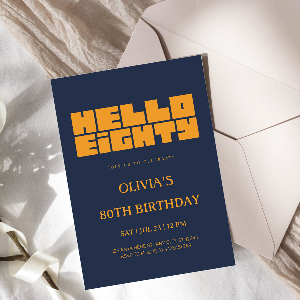 Hello Eighty Navy Blue 80th Birthday Invitation | Modern Milestone Party Invite | Elegant Birthday Celebration