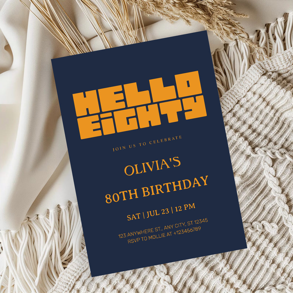 Hello Eighty Navy Blue 80th Birthday Invitation | Modern Milestone Party Invite | Elegant Birthday Celebration