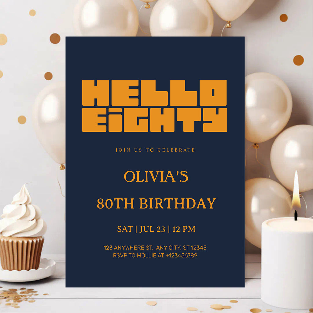 Hello Eighty Navy Blue 80th Birthday Invitation | Modern Milestone Party Invite | Elegant Birthday Celebration