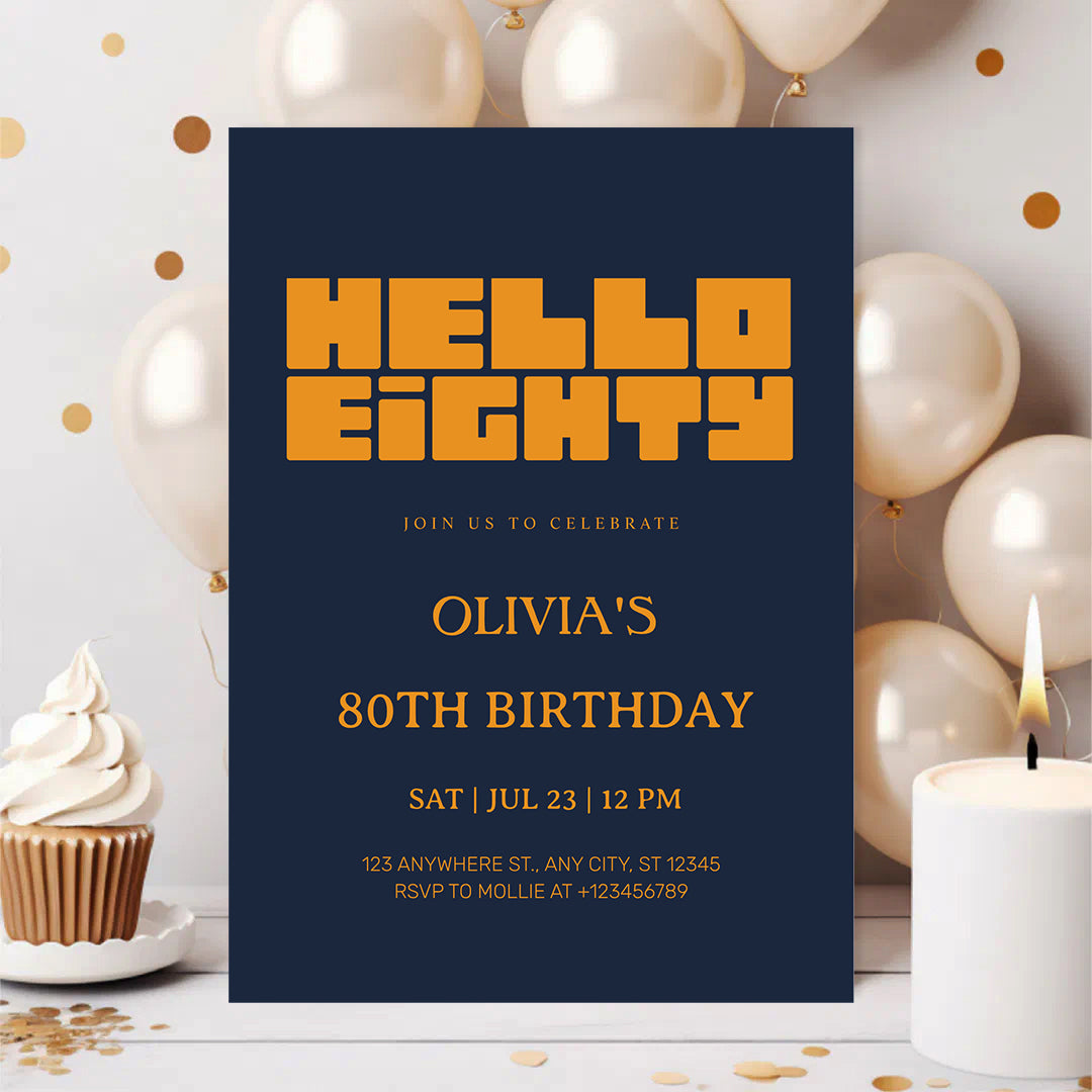 Hello Eighty Navy Blue 80th Birthday Invitation | Modern Milestone Party Invite | Elegant Birthday Celebration