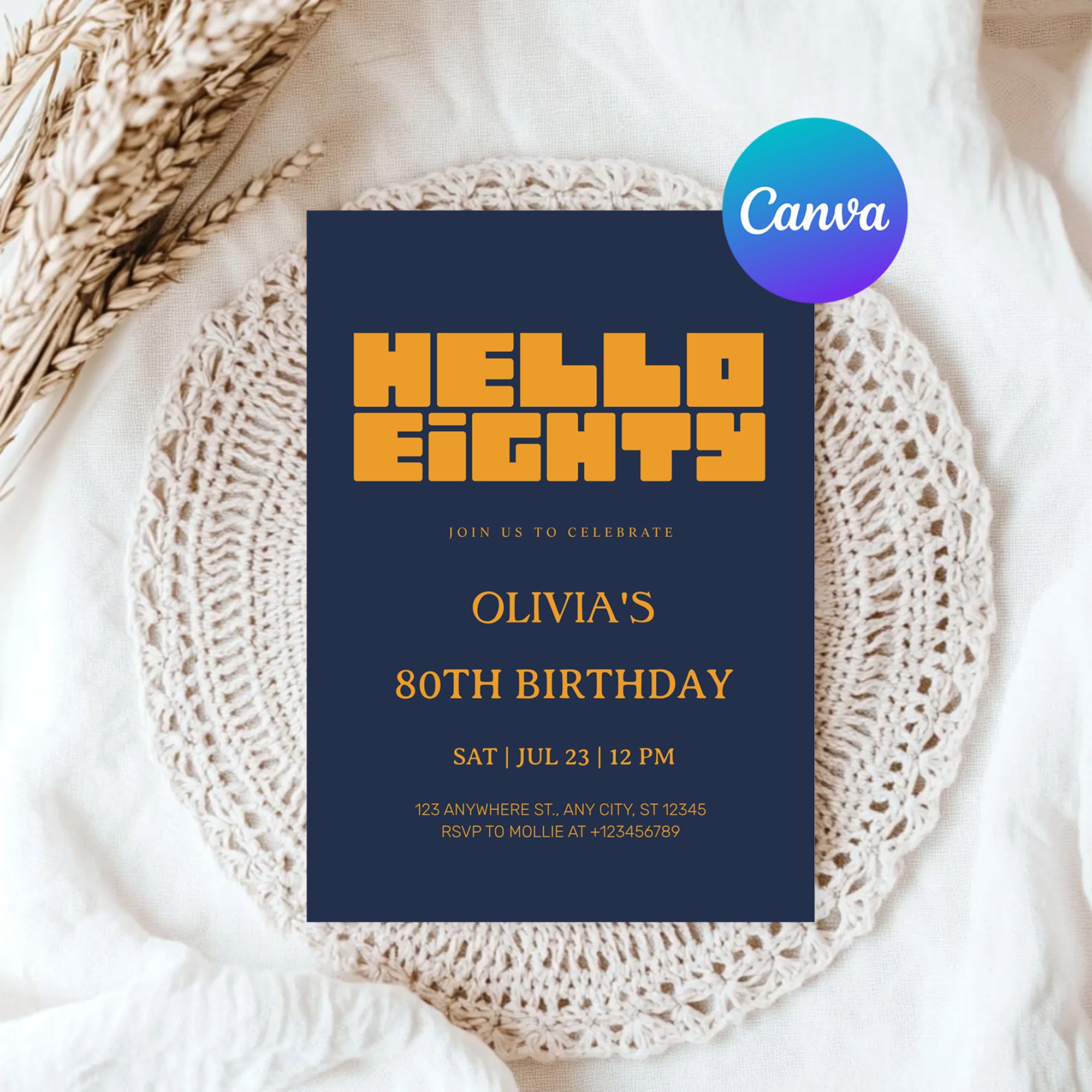 Hello Eighty Navy Blue 80th Birthday Invitation | Modern Milestone Party Invite | Elegant Birthday Celebration