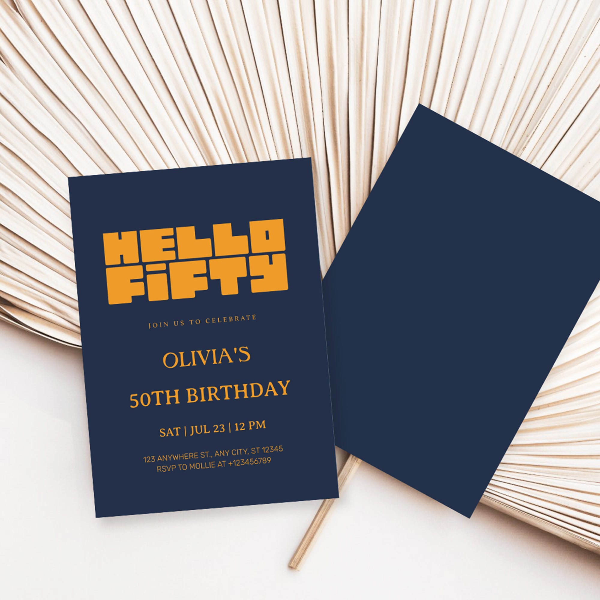 Hello Fifty Navy Blue 50th Birthday Invitation | Modern Milestone Party Invite | Elegant Birthday Celebration