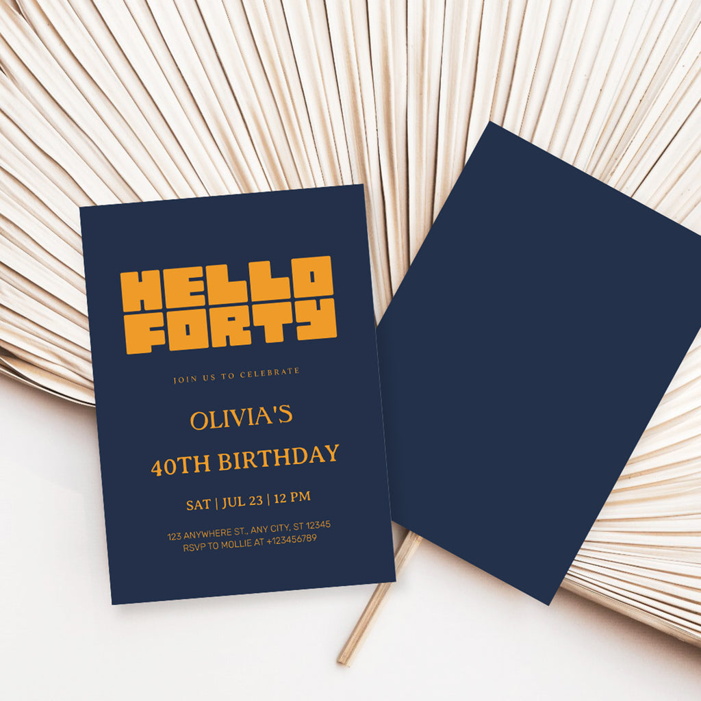 Hello Forty Navy Blue 40th Birthday Invitation | Modern Milestone Party Invite | Elegant Birthday Celebration