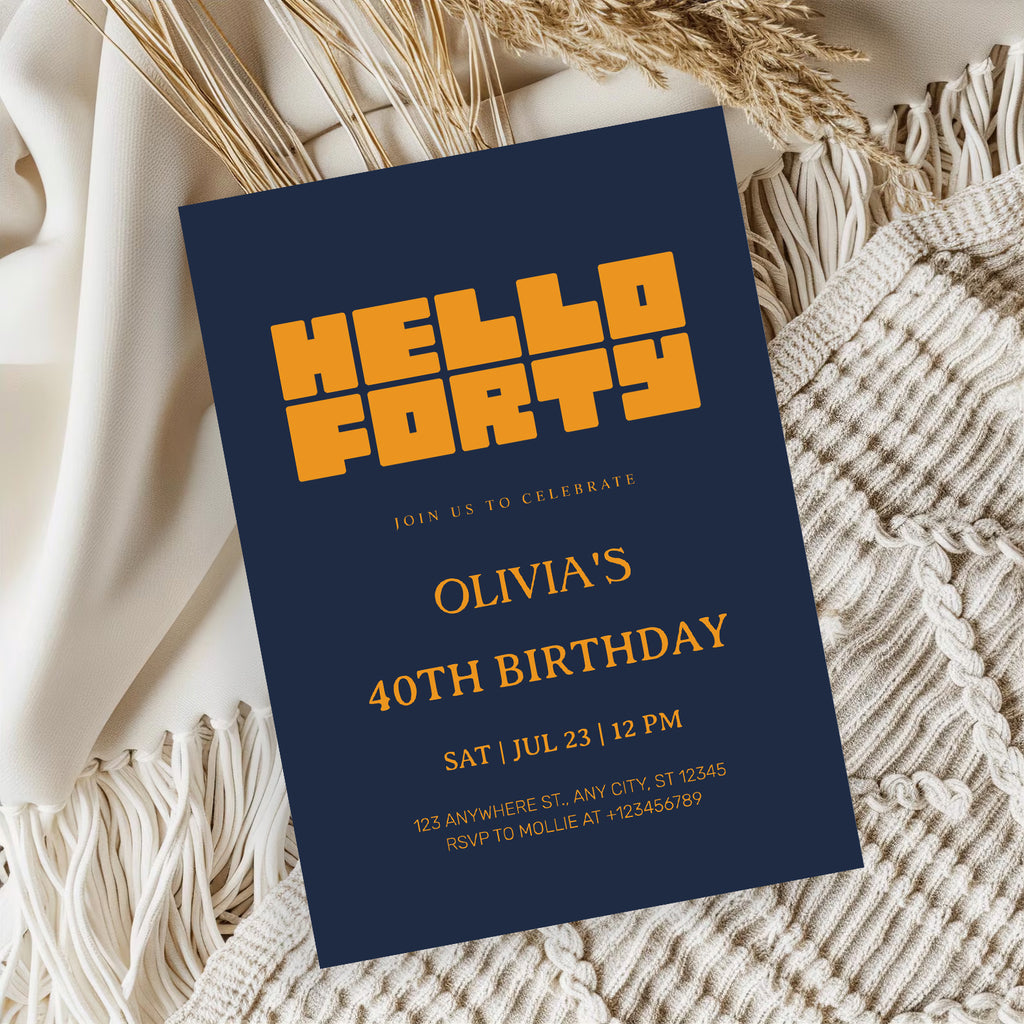 Hello Forty Navy Blue 40th Birthday Invitation | Modern Milestone Party Invite | Elegant Birthday Celebration