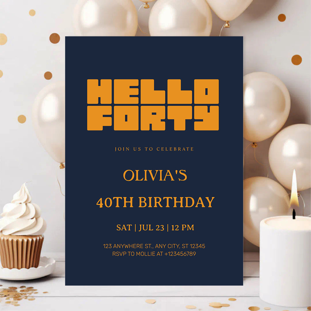 Hello Forty Navy Blue 40th Birthday Invitation | Modern Milestone Party Invite | Elegant Birthday Celebration