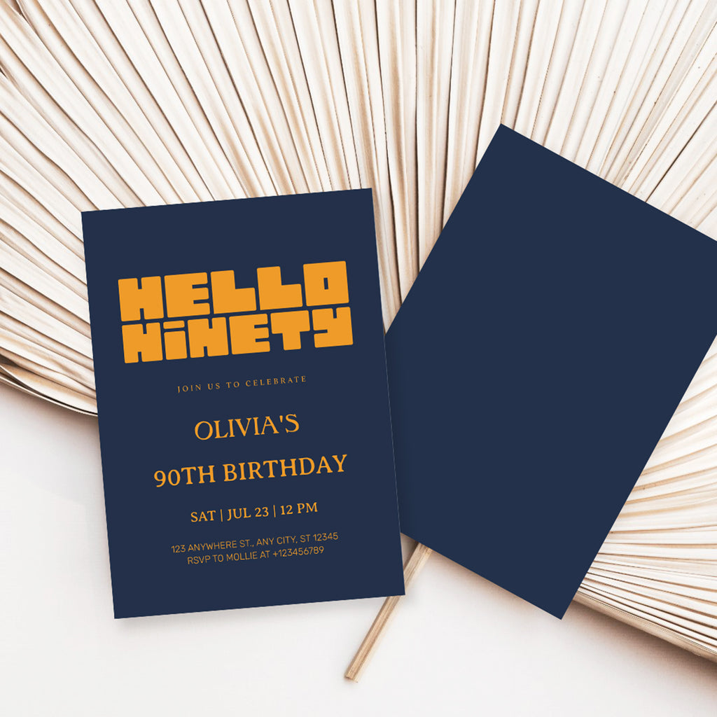 Hello Ninety Navy Blue 90th Birthday Invitation | Modern Milestone Party Invite | Elegant Birthday Celebration